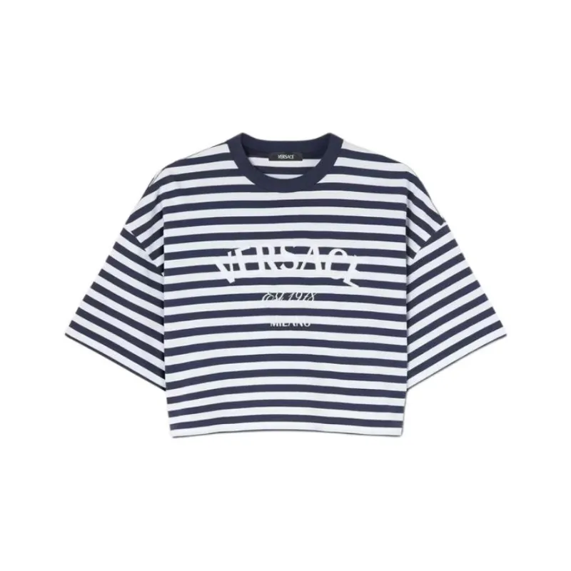 VERSACE L'Ancora Crop T Shirt 'White/Navy/Multicolor'-0