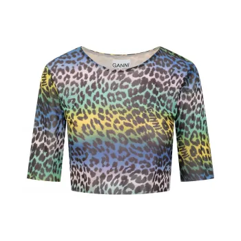 GANNI Leopard-Printed Crewneck Cropped T-Shirt