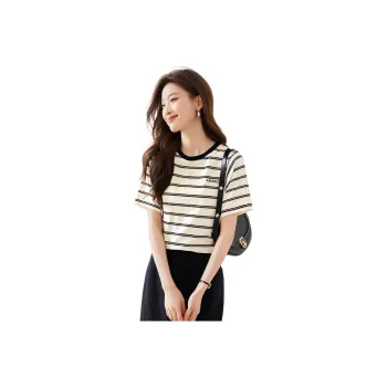 Mo Han Yi Mei Regular T Shirt Women's Black Rice Stripes