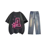 Set (Dark Gray Short-Sleeved+Nostalgic Blue Jeans)