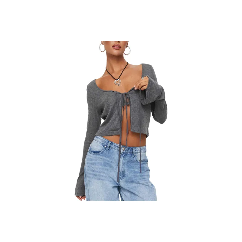 PRINCESS POLLY BARBARO LONG SLEEVE TOP Crop Tops Women's Slate/Gray Blue-0