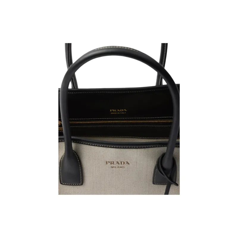 PRADA Cotton Linen Blend Tote Bag, Shopping Bag, Handbag Medium Size Women's Tan & Black-3