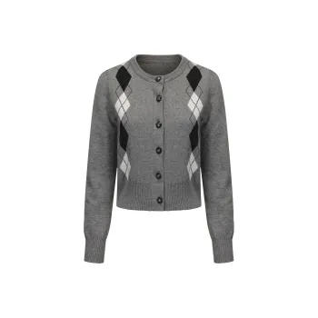 CHIWAWAMEME Crop Top Women's Gray Diamond Pattern Cardigan
