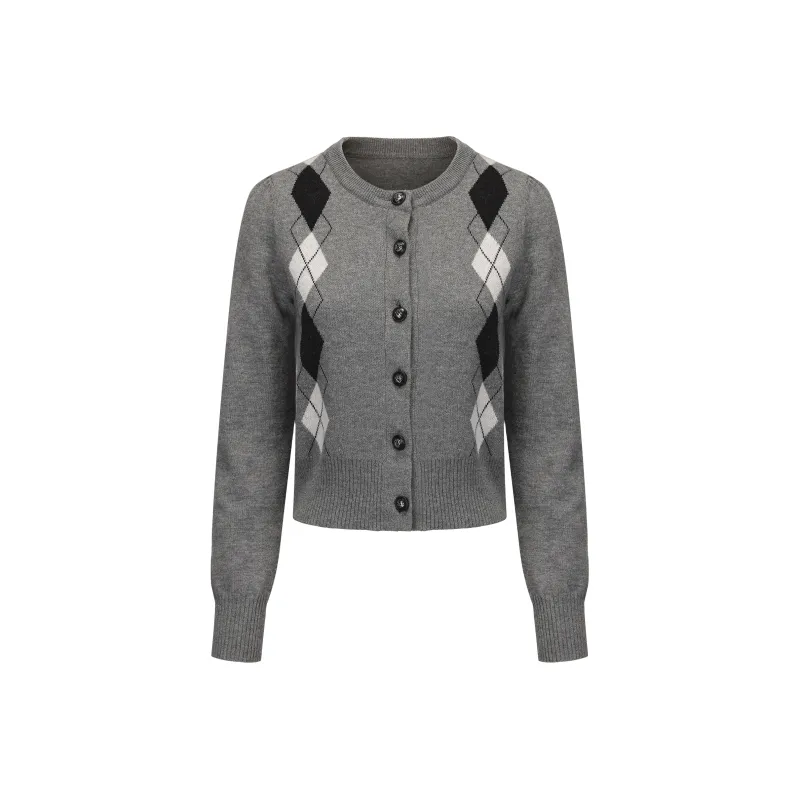 CHIWAWAMEME Crop Top Women's Gray Diamond Pattern Cardigan-0
