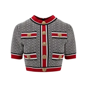 BALMAIN Jacquard Monogrammed Crop Top 'Black/White/Red'