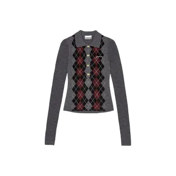 GANNI Argyle Intarsia Knit Polo Top