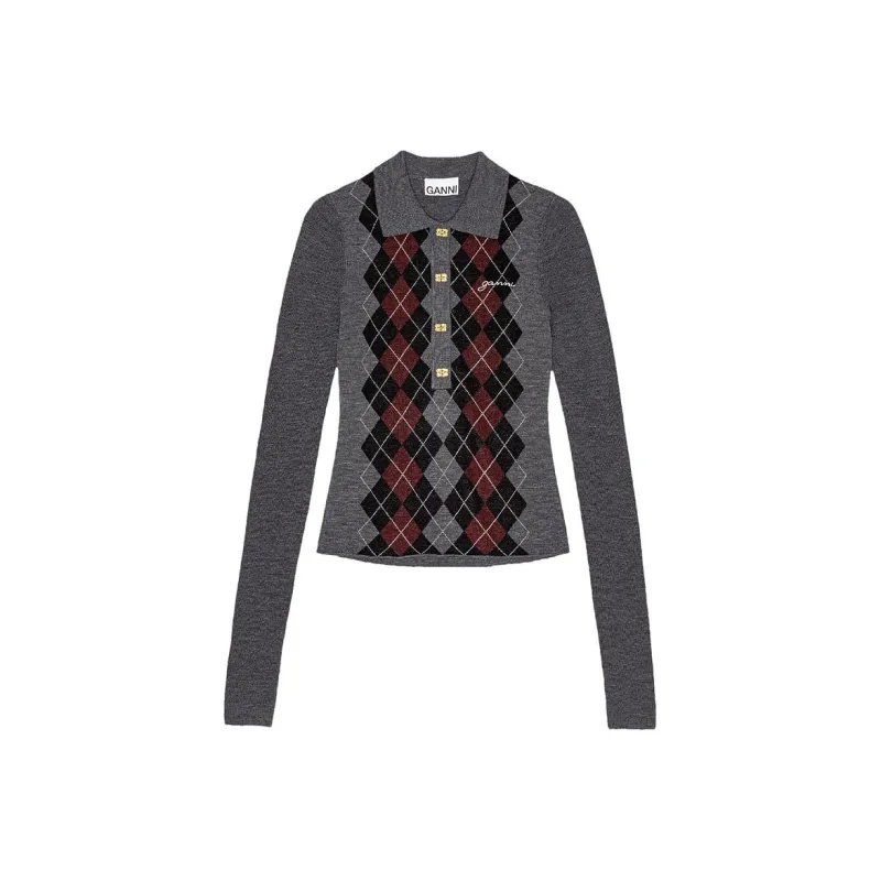 GANNI Argyle Intarsia Knit Polo Top-0