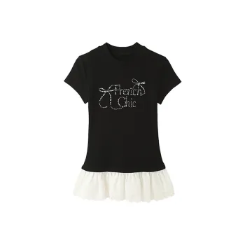 SYEEE WITH U Set in Sleeve T Shirt Women's Black Paved Diamond