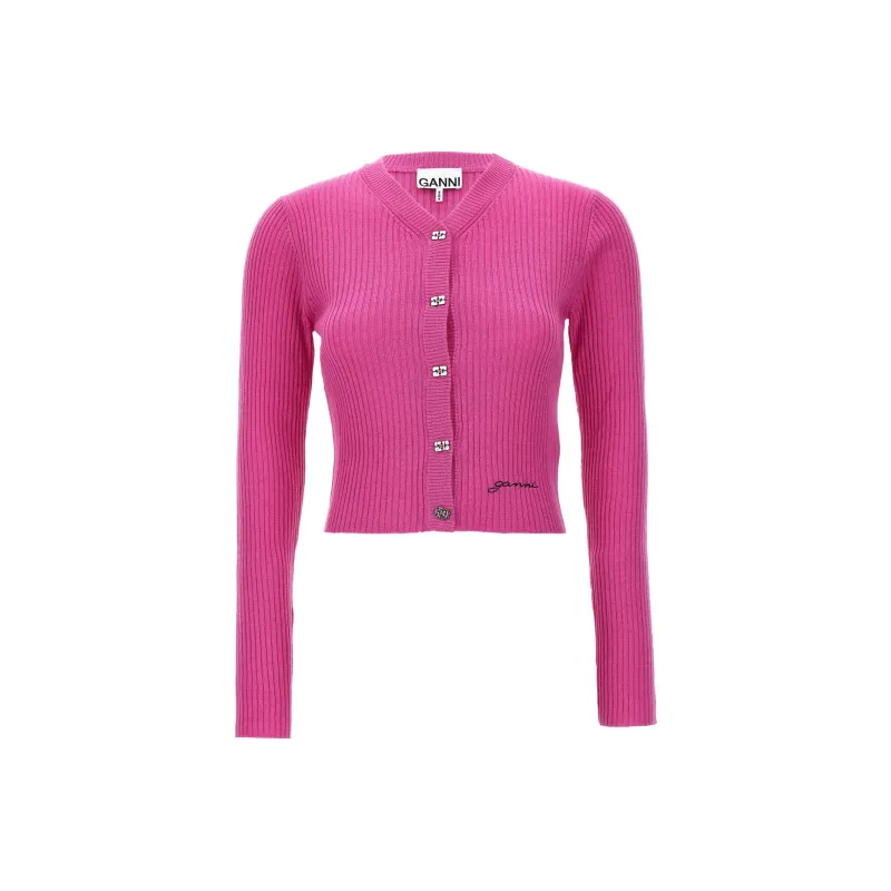 GANNI Logo embroidered Ribbed Cardigan-0