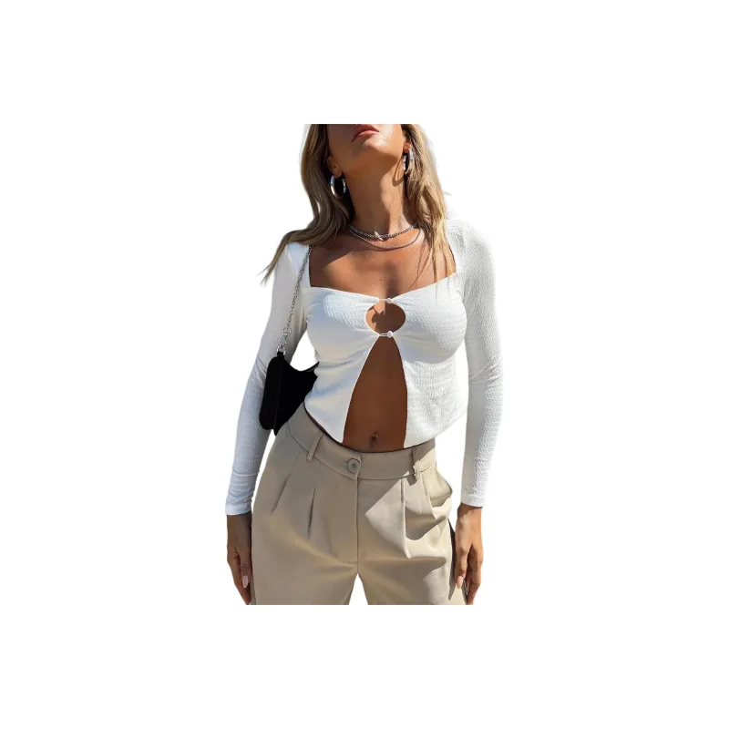 PRINCESS POLLY MCCALL LONG SLEEVE TOP Crop Tops Women's White/White-0
