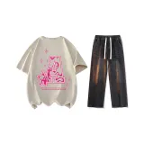 Set (Khaki Short-Sleeved Shirt+Black Jeans)