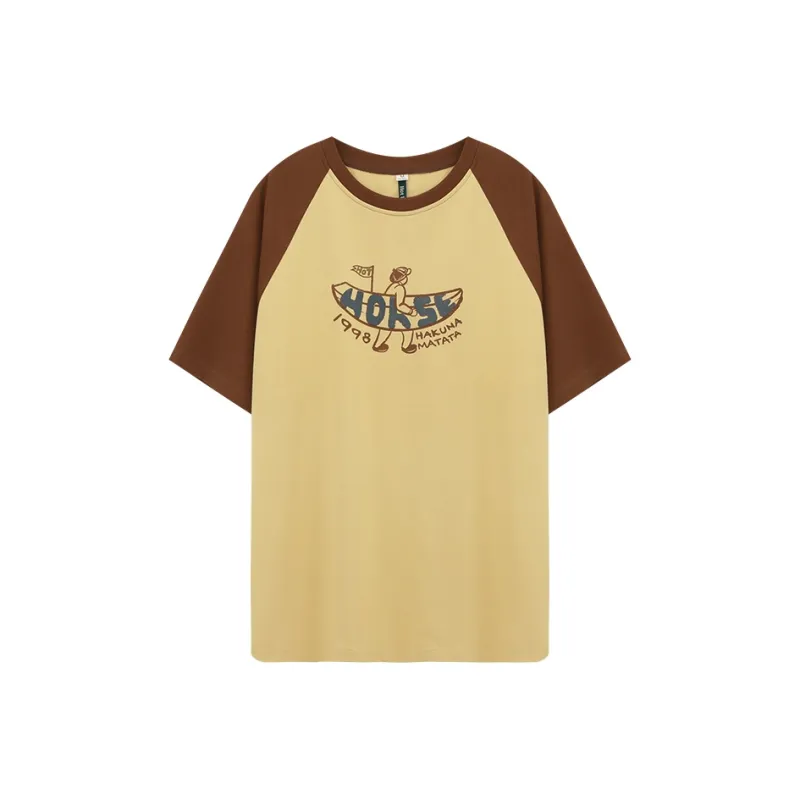HOT HORSE Raglan Sleeve T Shirt Unisex Yellow Coffee-0