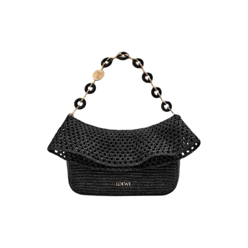 LOEWE Raffia Patchwork Calfskin Handbag Medium Size Women's Black-1