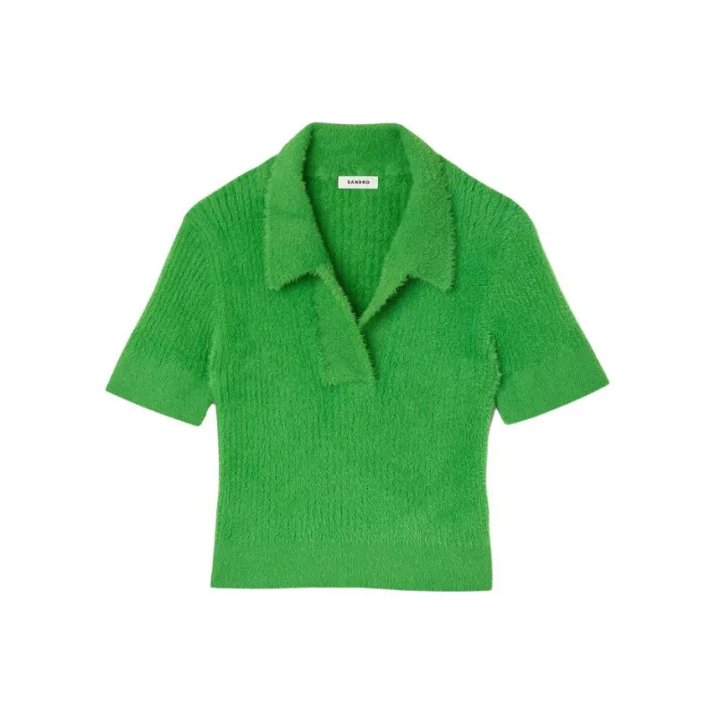 Sandro Brushed Ribbed-knit Polo Top-0