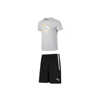 PUMA Casual Sportswear Men Set Light Gray Gold Logo Short Sleeved Shirt+Black Shorts
