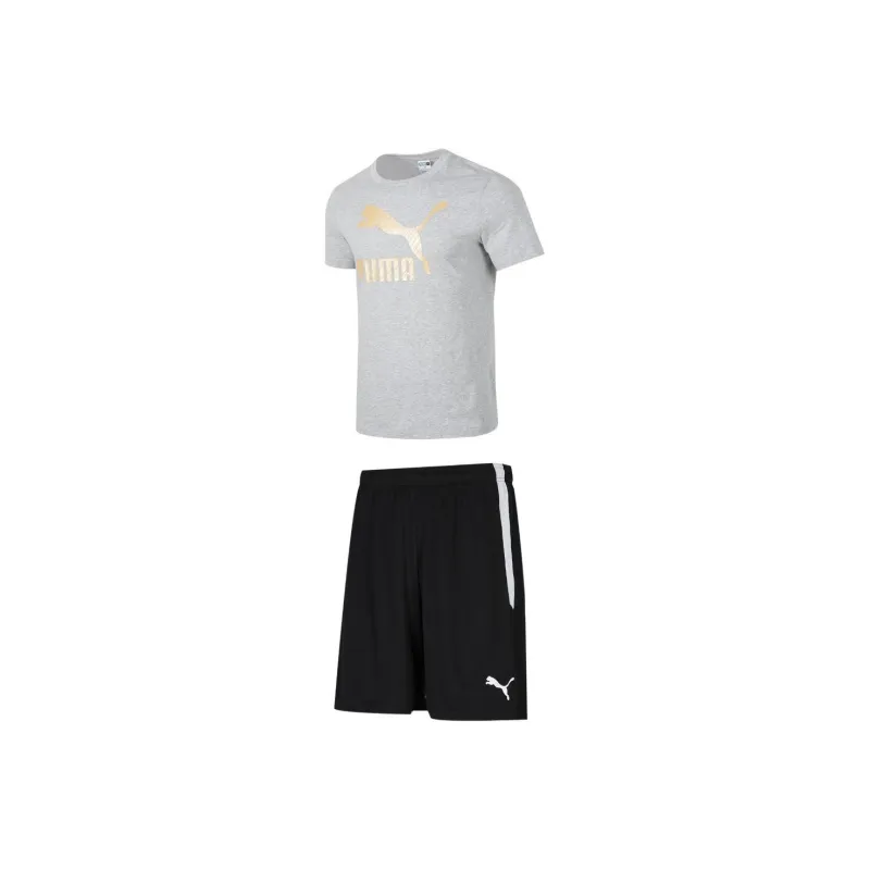 PUMA Casual Sportswear Men Set Light Gray Gold Logo Short Sleeved Shirt+Black Shorts-0