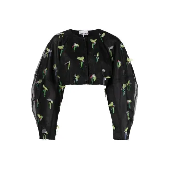 GANNI Bead Embellished Crewneck Cropped Blouse
