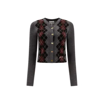 GANNI V-Neck Argyle Knit Cardigan