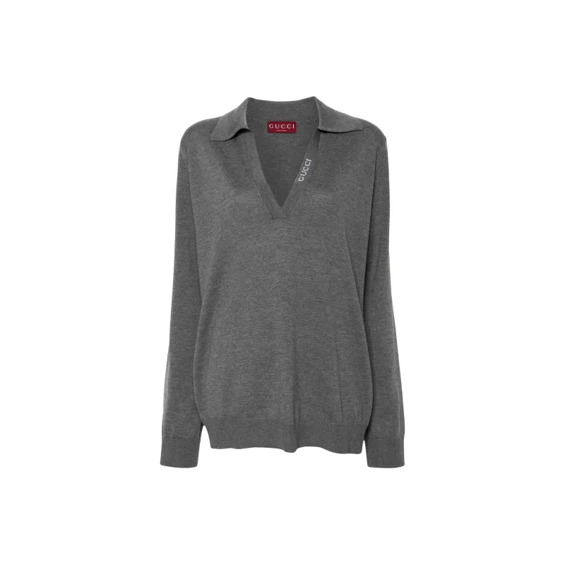 GUCCI Extra Fine Wool Polo Top 'Medium Grey/White'-0