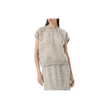 Brunello Cucinelli Crispy Silk T-Shirt With Ramage Embroidery T-Shirt Women's Beige