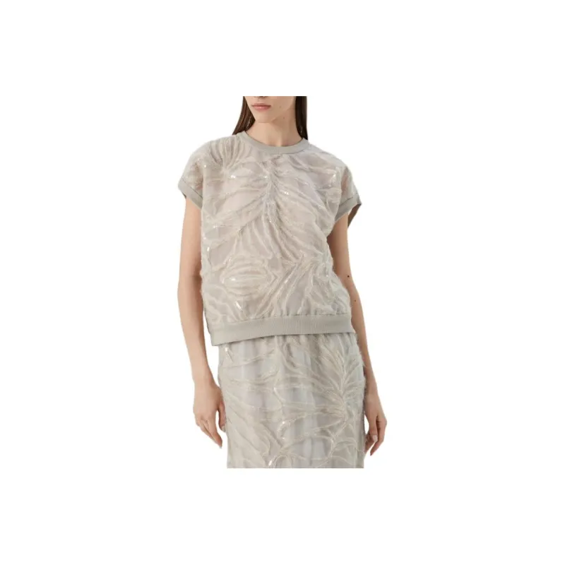 Brunello Cucinelli Crispy Silk T-Shirt With Ramage Embroidery T-Shirt Women's Beige-0