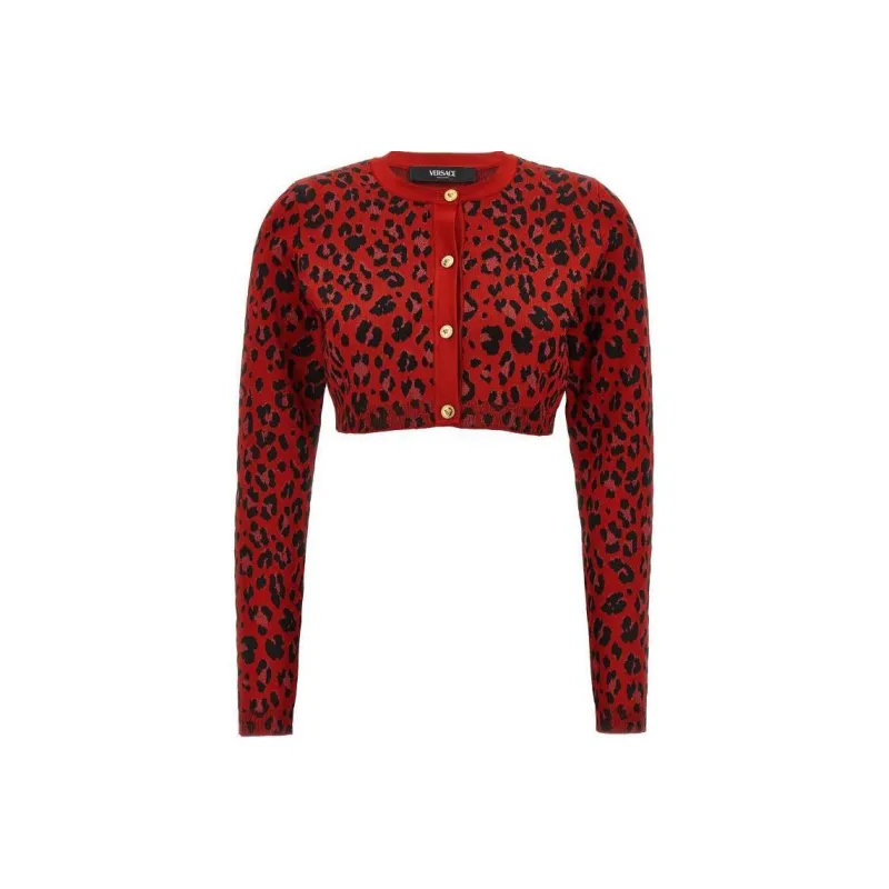 VERSACE Animal Print Cropped Knit Cardigan-0