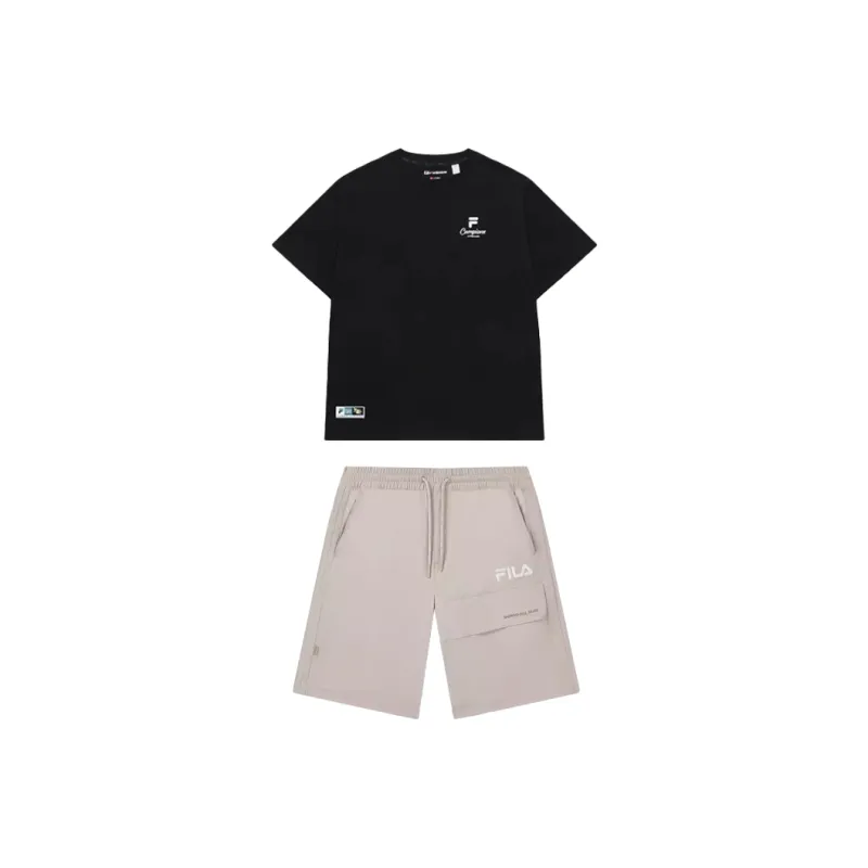 FILA Casual Sportswear Men Jet Black T Shirt+Barley Shorts-0