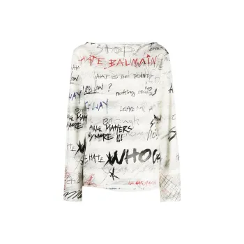 BALMAIN Brush Stroke Print Long Sleeved T Shirt Women's White