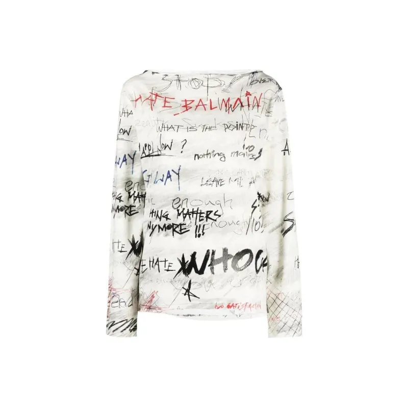 BALMAIN Brush Stroke Print Long Sleeved T Shirt Women's White-0