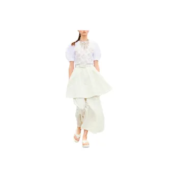 CHANEL Embroidery Cotton Poplin Puff Sleeve T Shirt Women's White