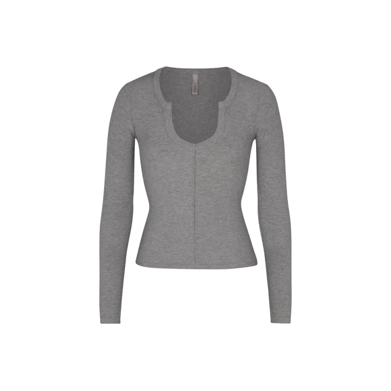 SKIMS SOFT LOUNGE SPLIT NECK LONG SLEEVE T-Shirt Women's Heather Grey/Stone Heather-0