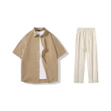 Clothing Set (Light Coffee Short-Sleeved Shirt+Ecru Casual Pants)