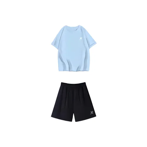 XTEP Casual Sportswear Unisex Set Water Bay Blue Short Sleeved Shirt+Black tiered shorts