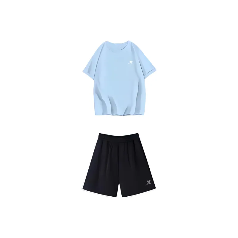 XTEP Casual Sportswear Unisex Set Water Bay Blue Short Sleeved Shirt+Black Shorts-0