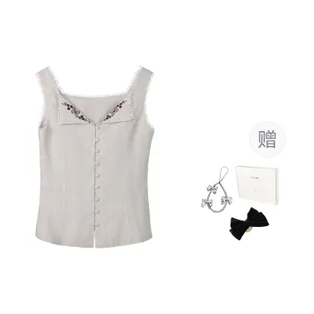 Fstudio Spring Summer Korean Style Petite Design Lapel Embroidery Sleeveless Tank Top Women's Apricot
