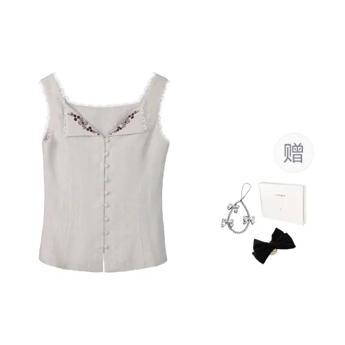 Fstudio Spring Summer Korean Style Petite Design Lapel Embroidery Sleeveless Tank Top Women's Apricot
