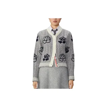 THOM BROWNE Donegal Cable Check Cropped Crew Neck Cardigan