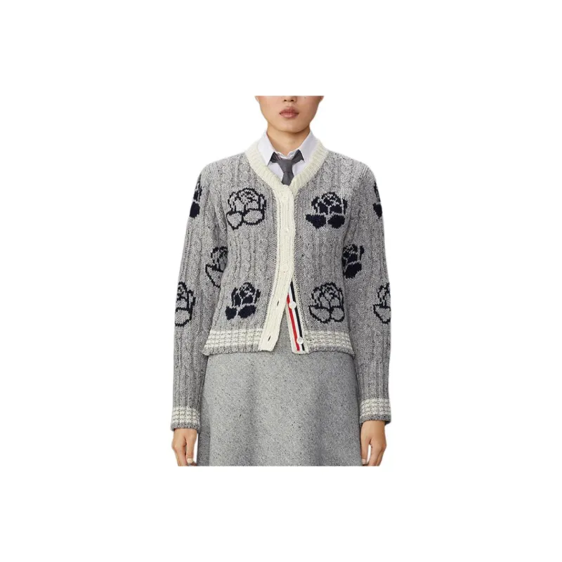 THOM BROWNE Donegal Cable Check Cropped Crew Neck Cardigan-0
