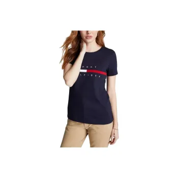 Tommy Hilfiger Embroidered Flag Stripe Logo T Shirt Women's Navy Blue