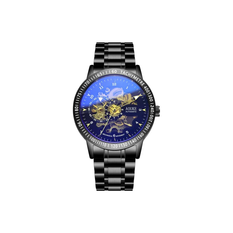 AOUKE Dark Black Warrior Collection Mechanical Movement Stainless Steel Watchband Watch Men's Watches Black Dial-0