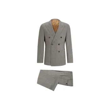 HUGO BOSS Double-Breasted Slim-Fit Suit In Checked Virgin Wool Business Suits Men's Gray