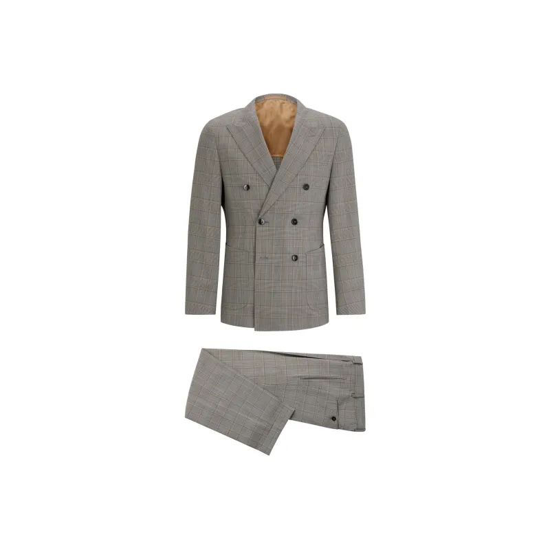 HUGO BOSS Double-Breasted Slim-Fit Suit In Checked Virgin Wool Business Suits Men's Gray-0