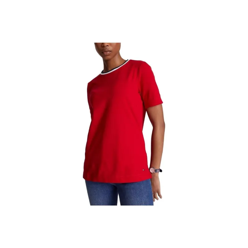Tommy Hilfiger Stripe Collar Crewneck T-Shirt T-Shirts T-Shirt Women's Red-0