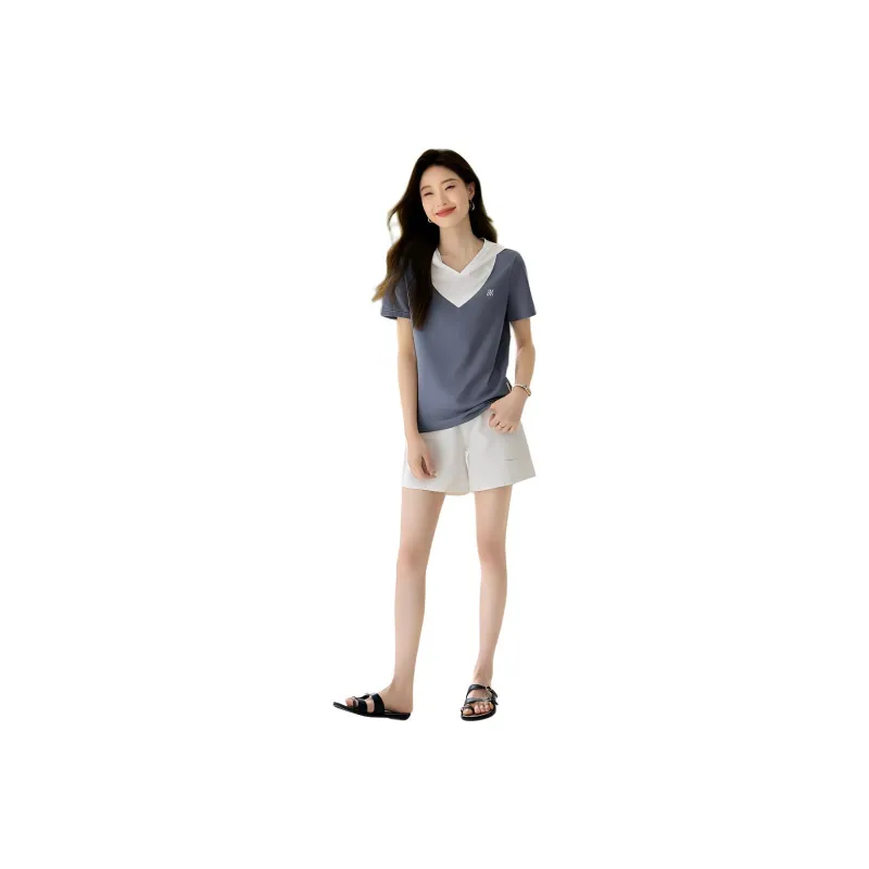 Mo Han Yi Mei SS24 T Shirt Women's Gray Blue & White-0