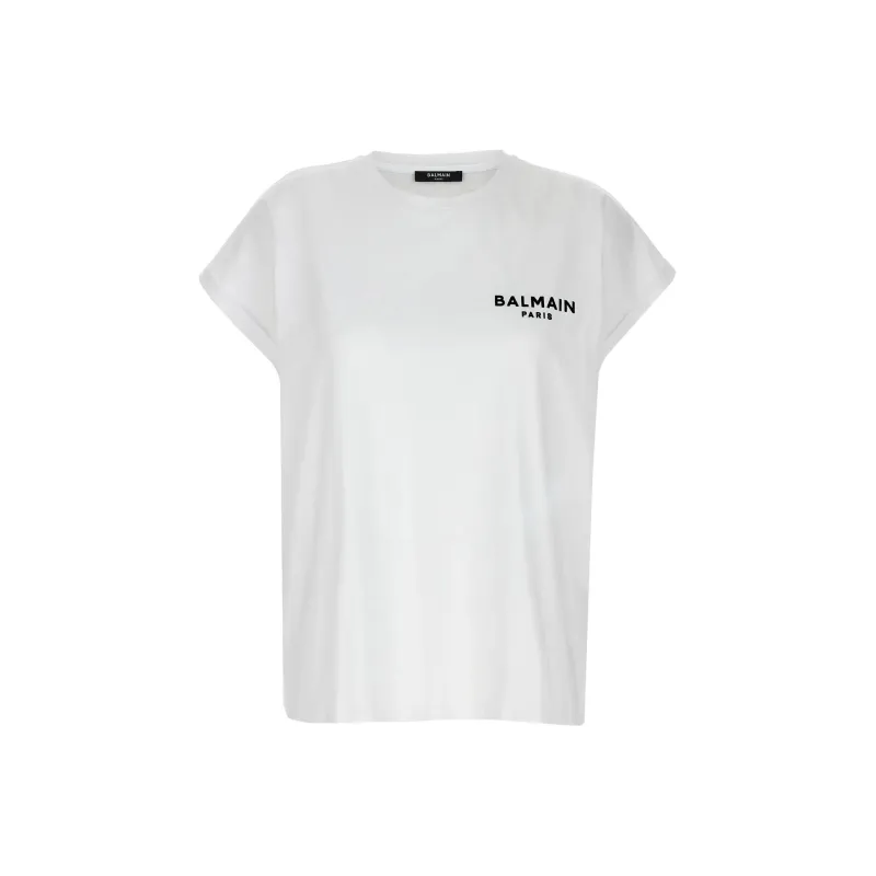BALMAIN Logo Flocked Crewneck T Shirt-0