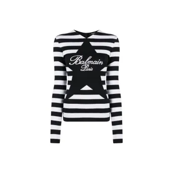 BALMAIN Logo Intarsia knit Striped Cotton Top