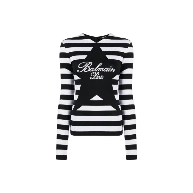 BALMAIN Logo Intarsia knit Striped Cotton Top-0