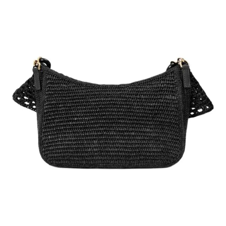 LOEWE Raffia Patchwork Calfskin Handbag Medium Size Women's Black-4