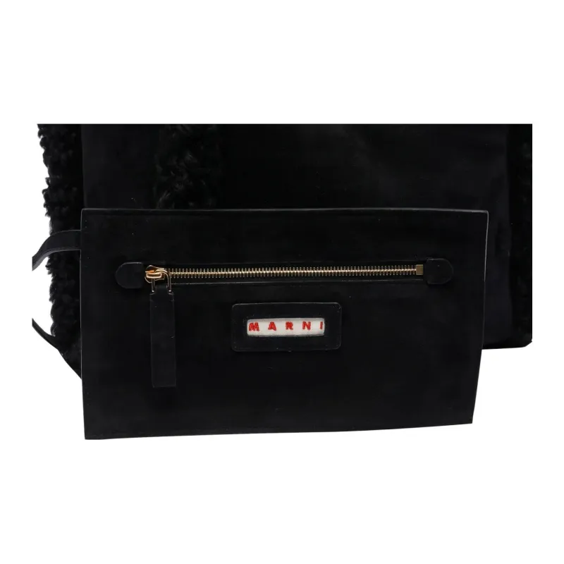 MARNI Shearling Trim Logo Detailed Tote Bag-3