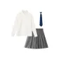 White Peach Soda+Gray Pleated Skirt with Embroidered Edging+Tie